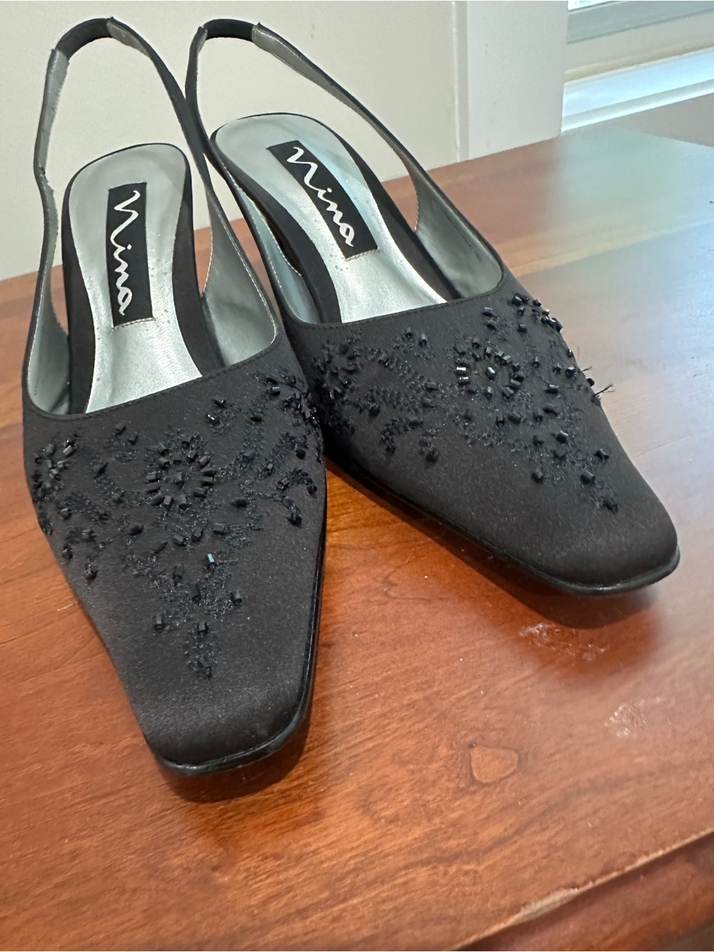Nina Black Beaded Slingback Pumps - Pointed Toe Evening Heels